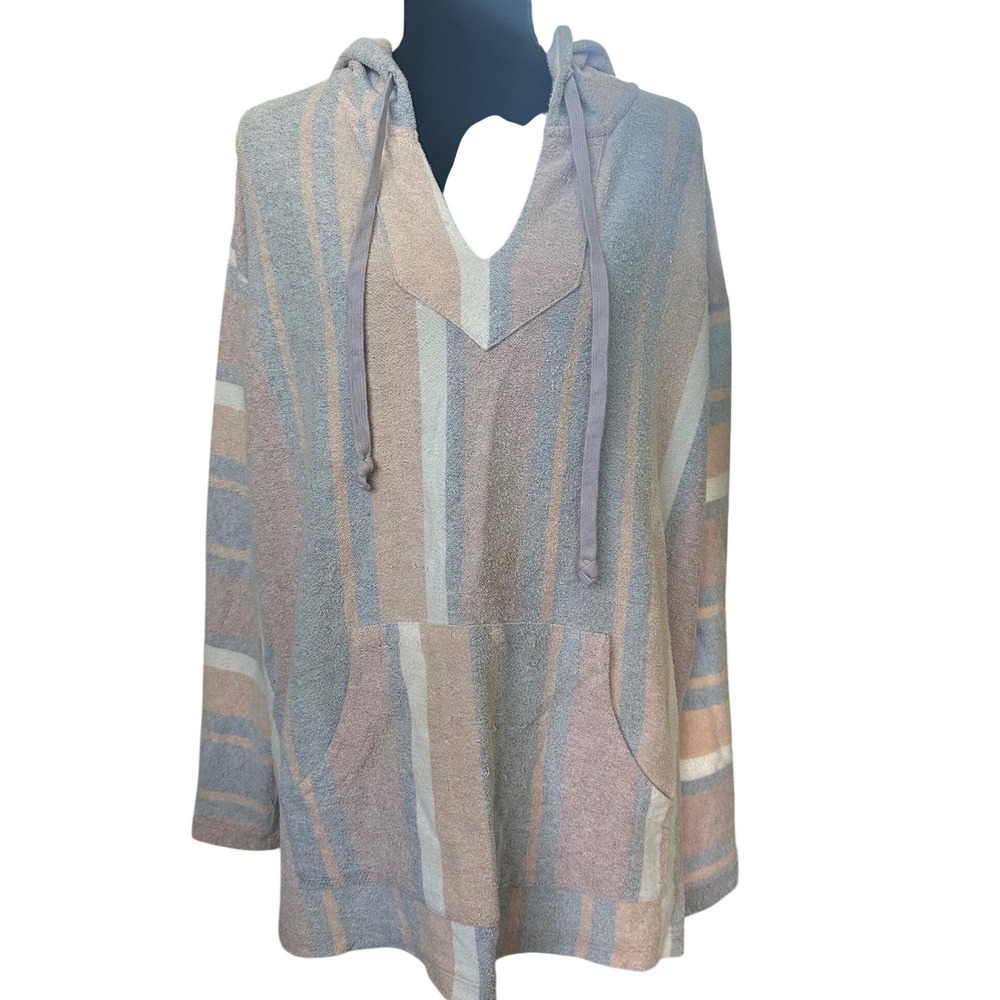 Easel Striped V-Neck Hoodie Pullover Pastel Boho Oversized Kangaroo Pocket Large